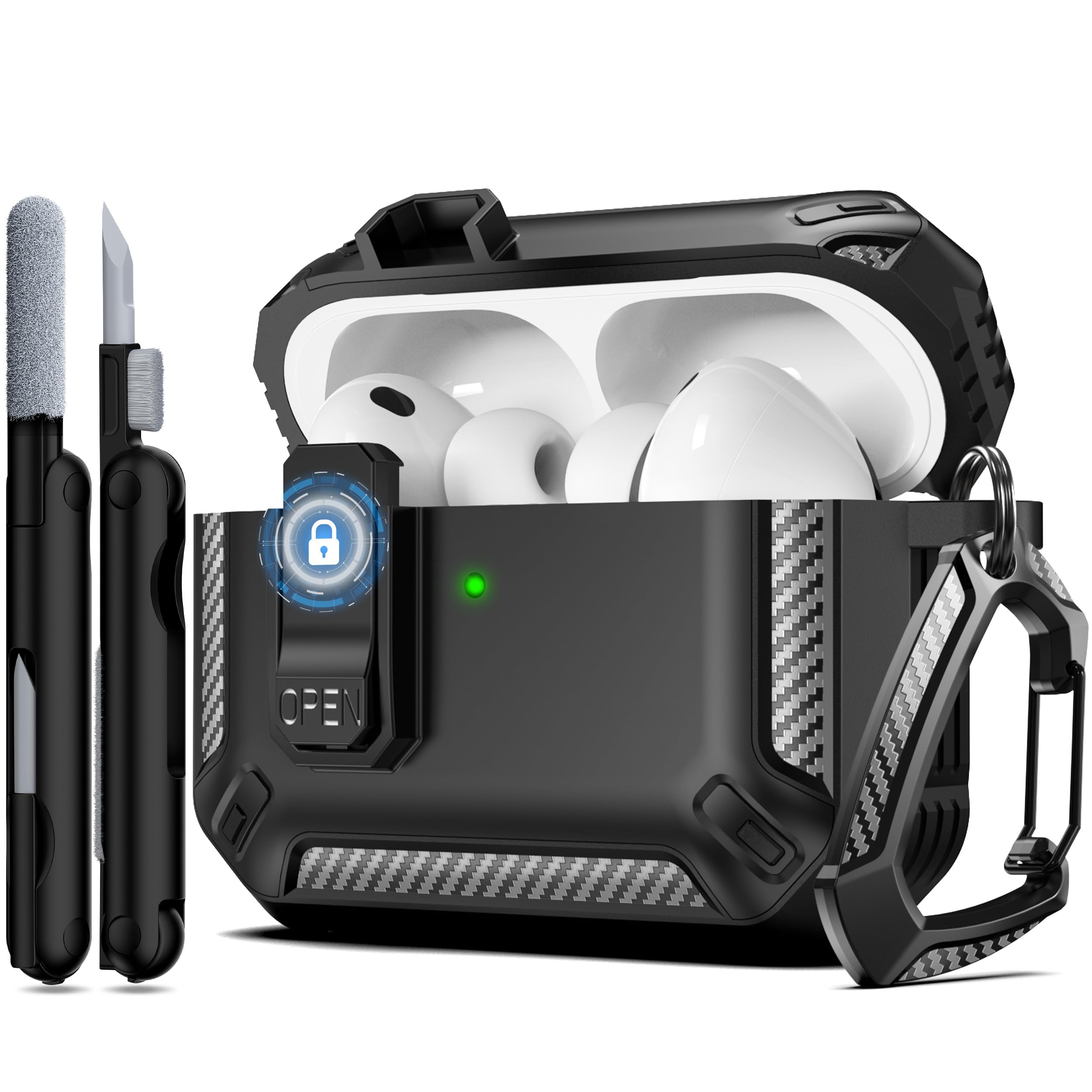 Headphone Case Hard - AirPods Pro 3/Pro 2/4 ケース用ミリタリーハード保護イヤホンケース安全ロックデザインキーチェーン付き AirPods